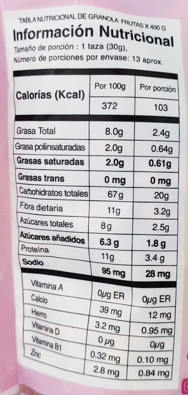 Tabla nutricional de Granola Avena y Nueces 400gr (UNDOSTRES POR MI) Frutas
