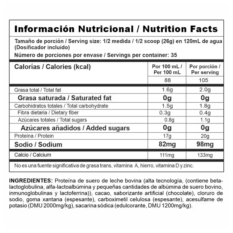 Tabla nutricional de Proteina 2Lb (BI PRO) Vainilla