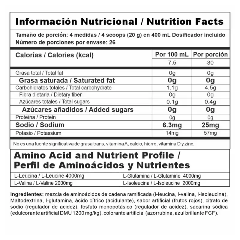 Tabla nutricional de NITROSHOCK BCAA + L Glutamina 520gr (NITRO SHOCK) Red Berries