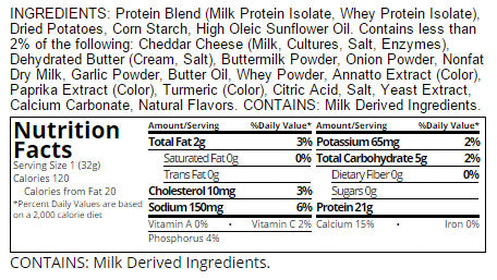 Tabla nutricional de Papas 32gr (QUEST) Cheddar & Sour Cream