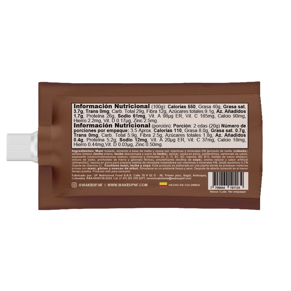 Tabla nutricional de Crema maní 72gr (WAKEUP) Chocolate