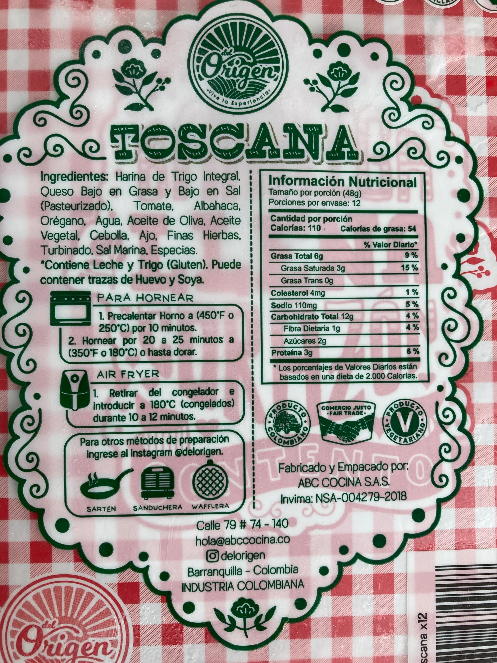 Tabla nutricional de Empanadas Integrales 12un (DEL ORIGEN) Toscana 580gr