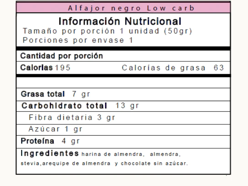 Tabla nutricional de Alfajor negro (BITES) 50 gr