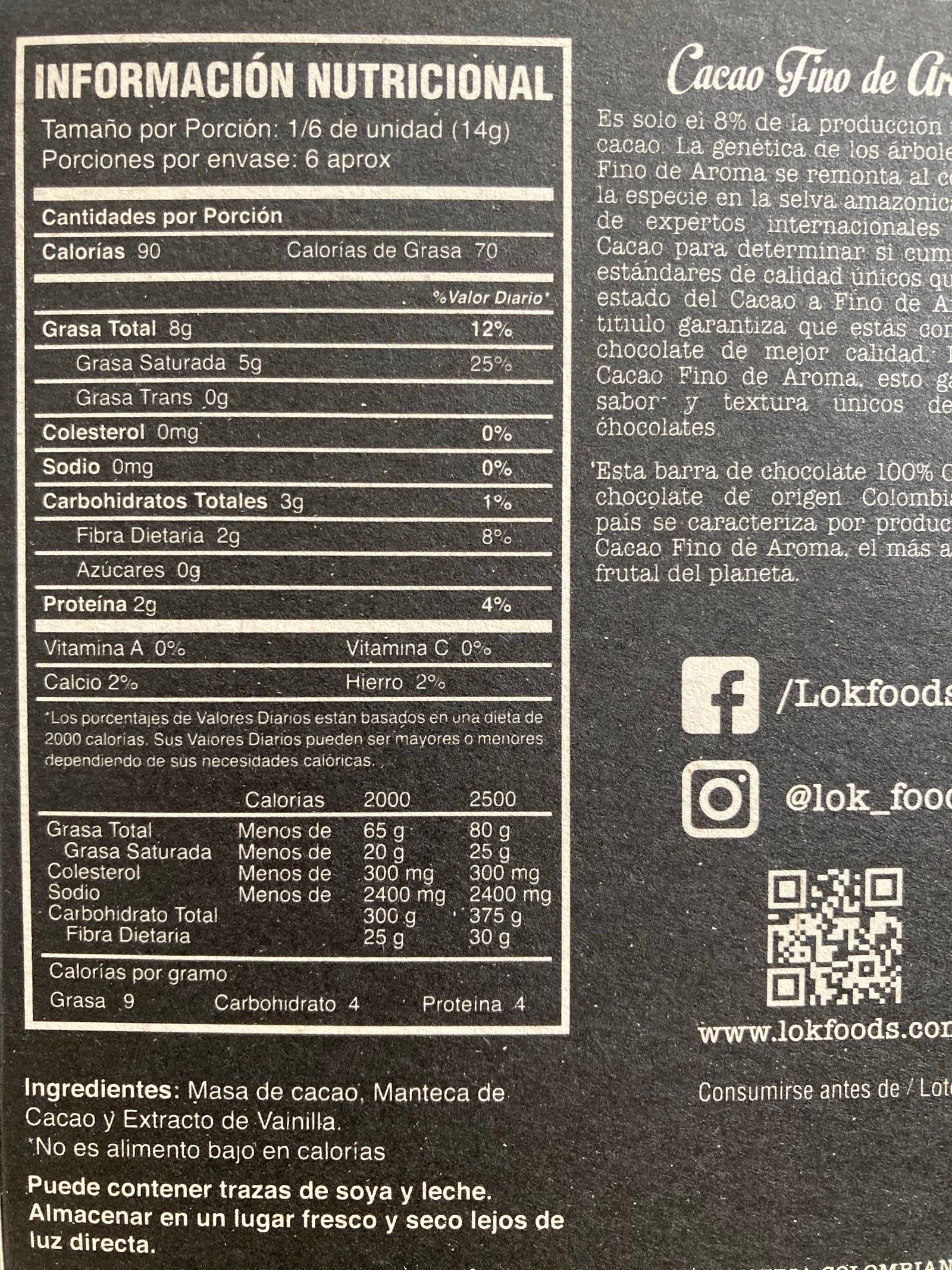 Tabla nutricional de Barra Cacao 85gr (LOK) 100%