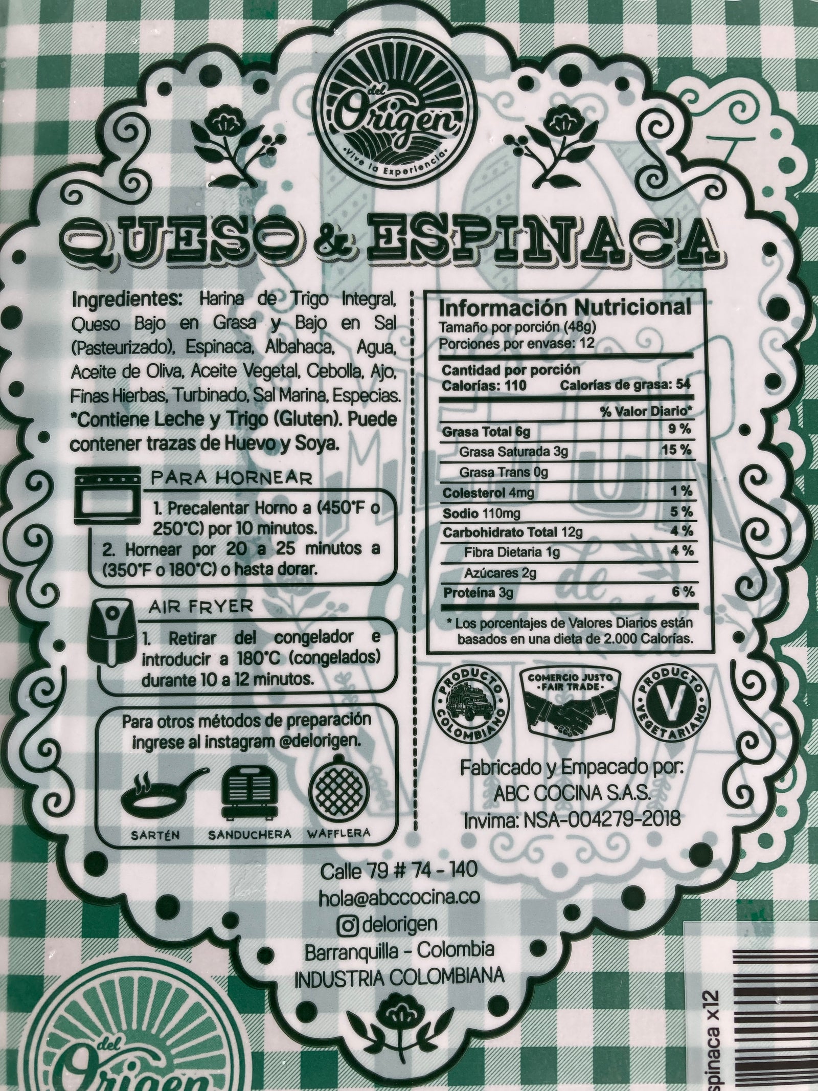 Tabla nutricional de Empanaditas 12un (DEL ORIGEN) Queso + Espinaca 580gr