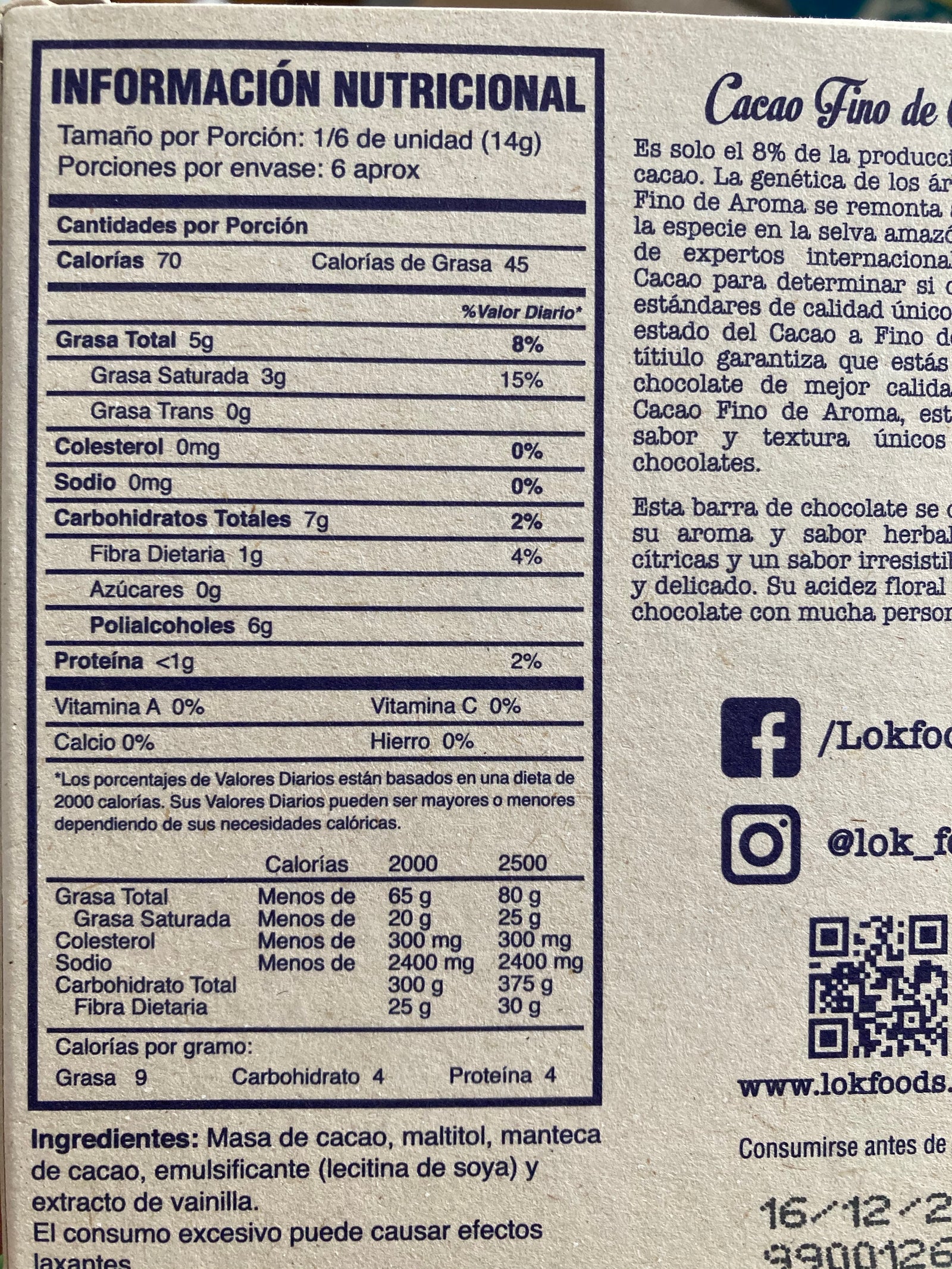Tabla nutricional de Barra Cacao 85gr (LOK) 58% Sin Azúcar