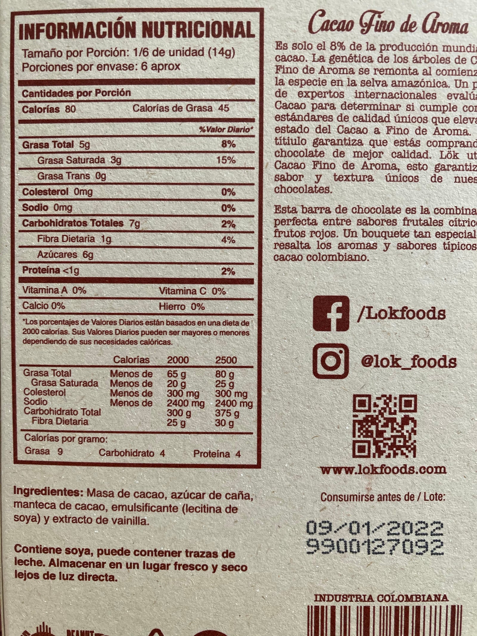 Tabla nutricional de Barra Cacao 85gr (LOK) 60%