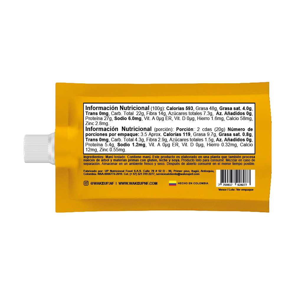 Tabla nutricional de Crema maní 72gr (WAKEUP) Natural