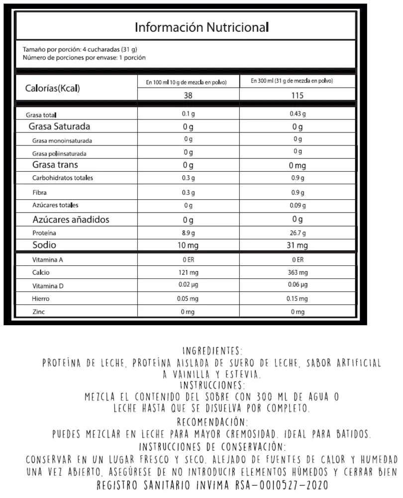 Tabla nutricional de Proteina Vainilla 31gr (ELEMENTAL)