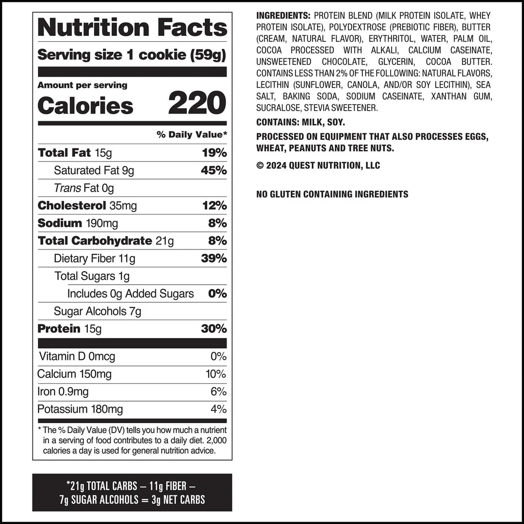 Tabla nutricional de Galleta 59gr (QUEST) Double Chocolate Chip