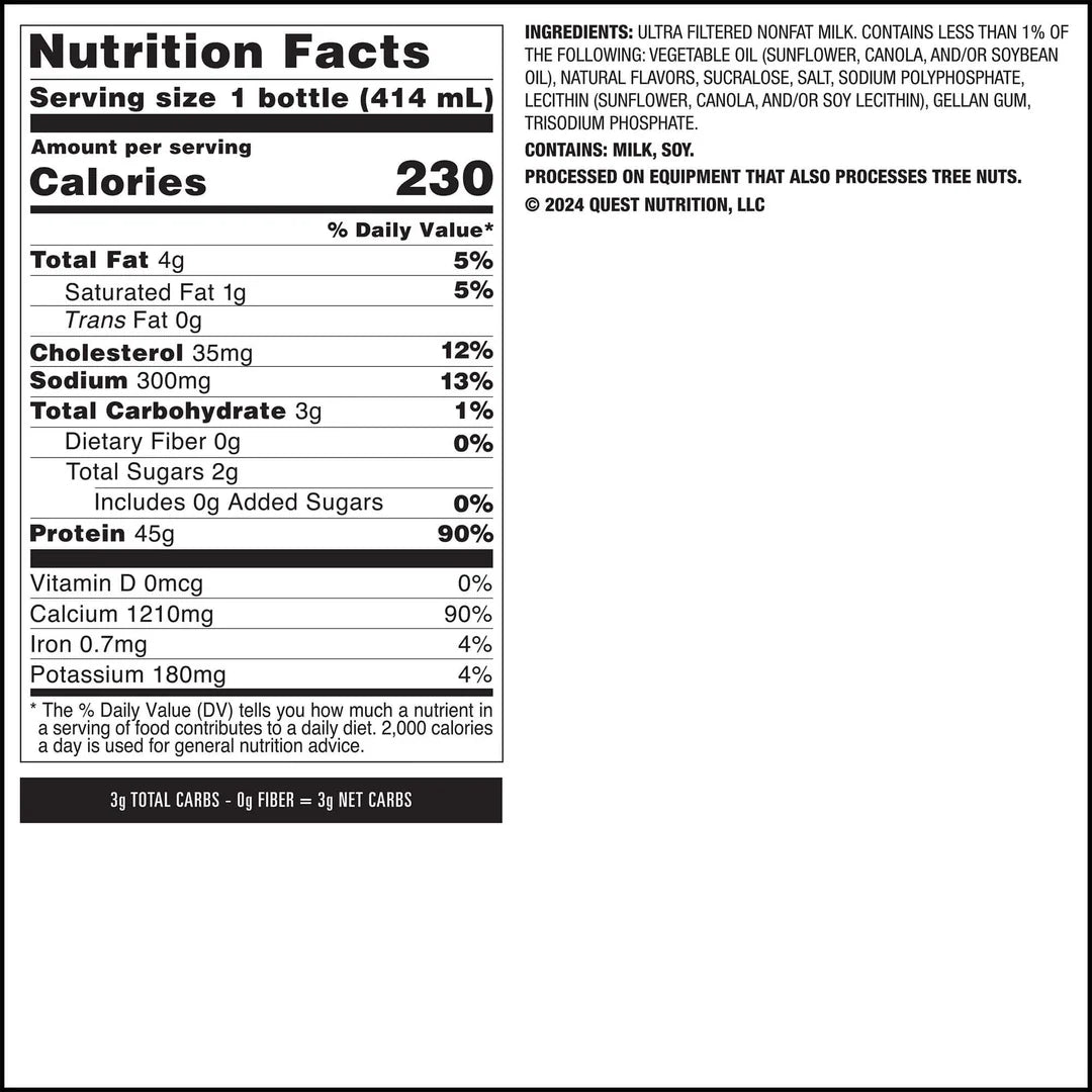 Tabla nutricional de Vainilla Protein Shake (QUEST) 414ml