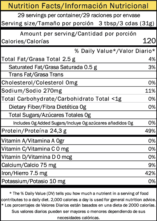 Tabla nutricional de Pea Proteina Isolate 907gr (HERBIVORE) Vainilla