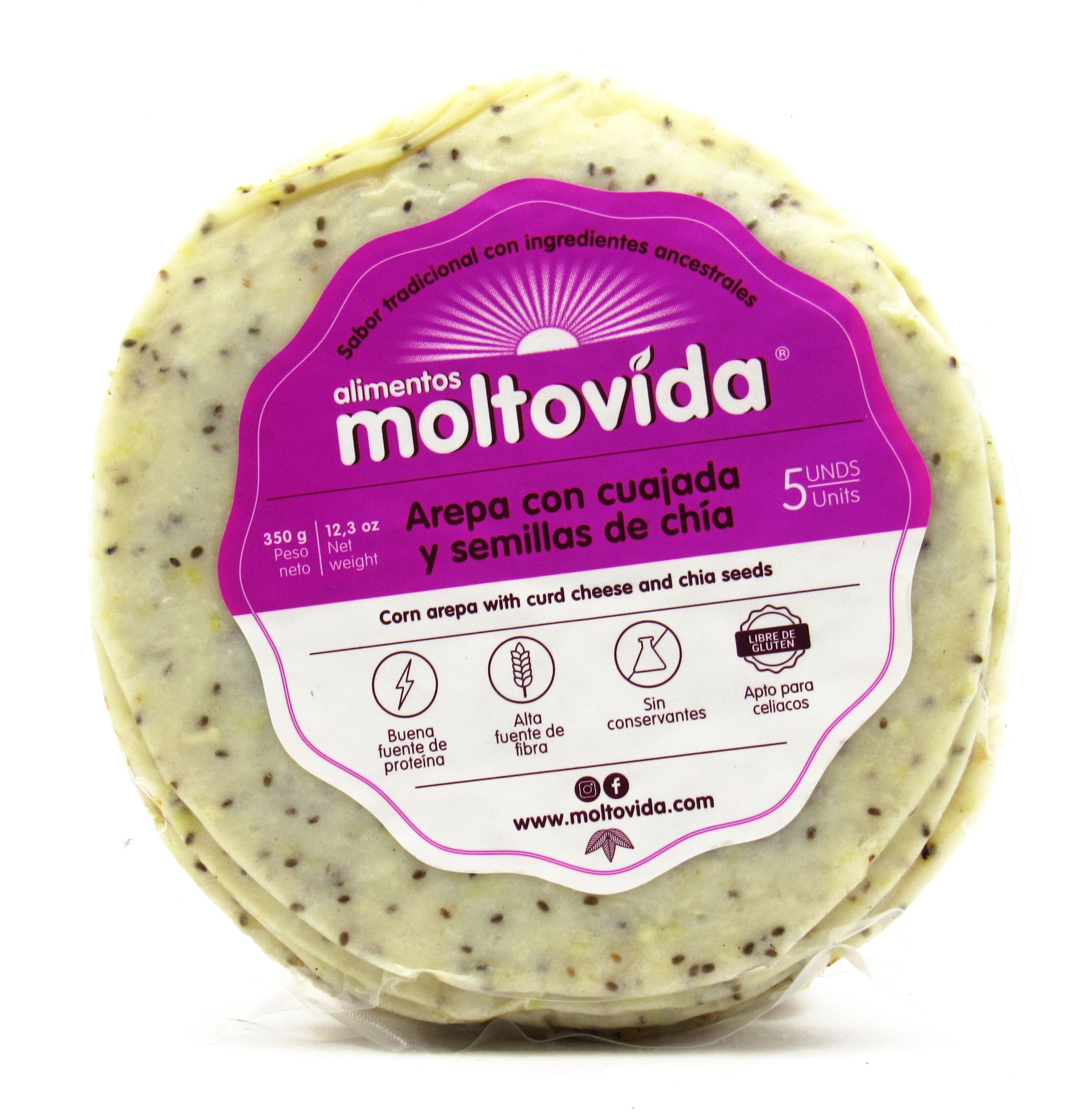 Arepa 350gr x 5 unds (MOLTOVIDA) Cuajada y Semillas de Chía